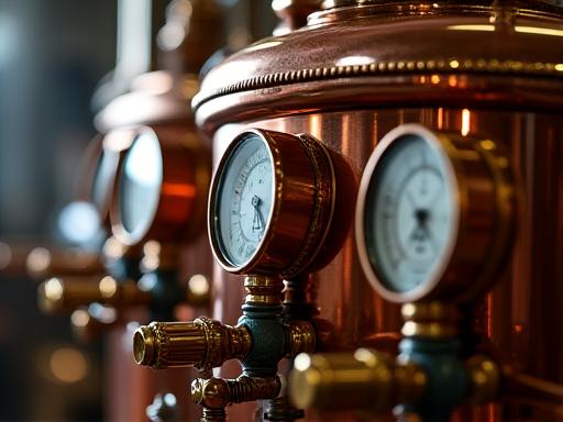 A detailed shot of a polished copper steam extractor with pipes and gauges.