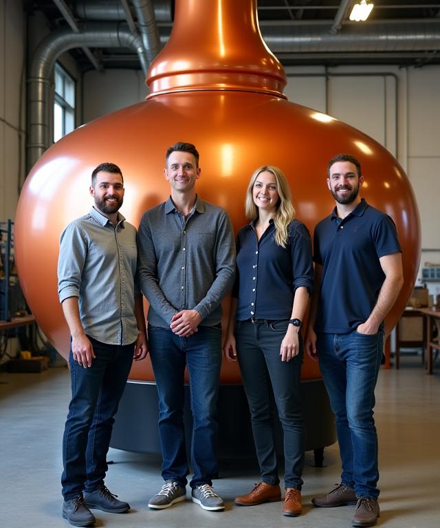The founding team of Steam Bloom standing in front of a large copper steam distillation tank.