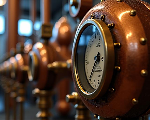 A close-up shot of the copper gauges and valves on a steam distillation tank.