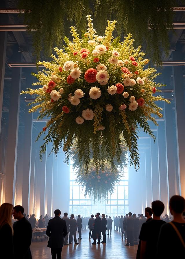 A large-scale floral installation hanging from the ceiling of a modern industrial warehouse during a corporate event.
