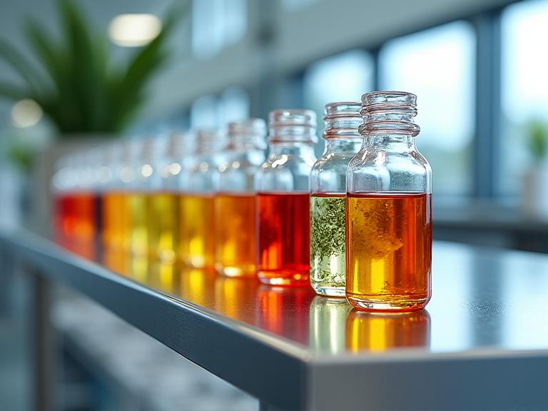 Glass vials containing colorful botanical extracts lined up on a stainless steel lab bench.
