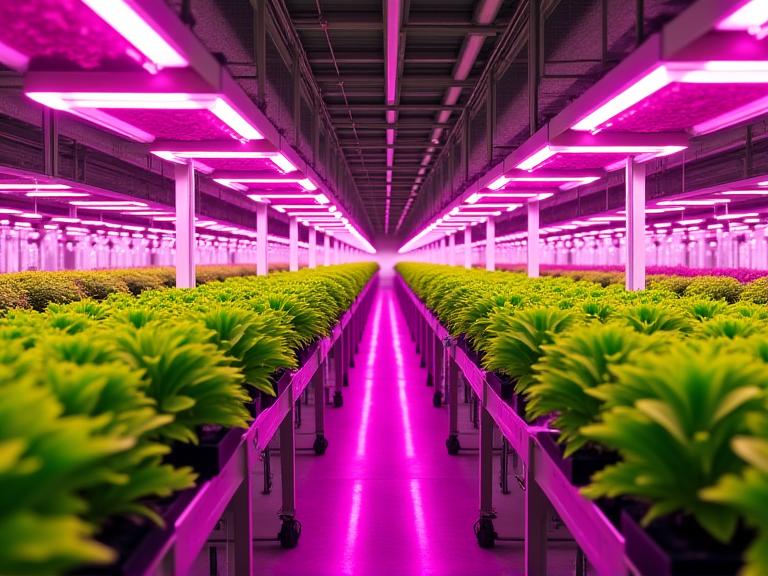 An expansive interior view of an automated greenhouse, with rows of lush plants under grow lights.