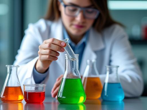 A scientist in a lab coat examining a beaker filled with a vibrant, naturally-colored liquid.