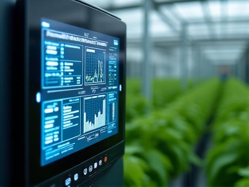 A close-up of a digital control panel inside a greenhouse with data and charts.